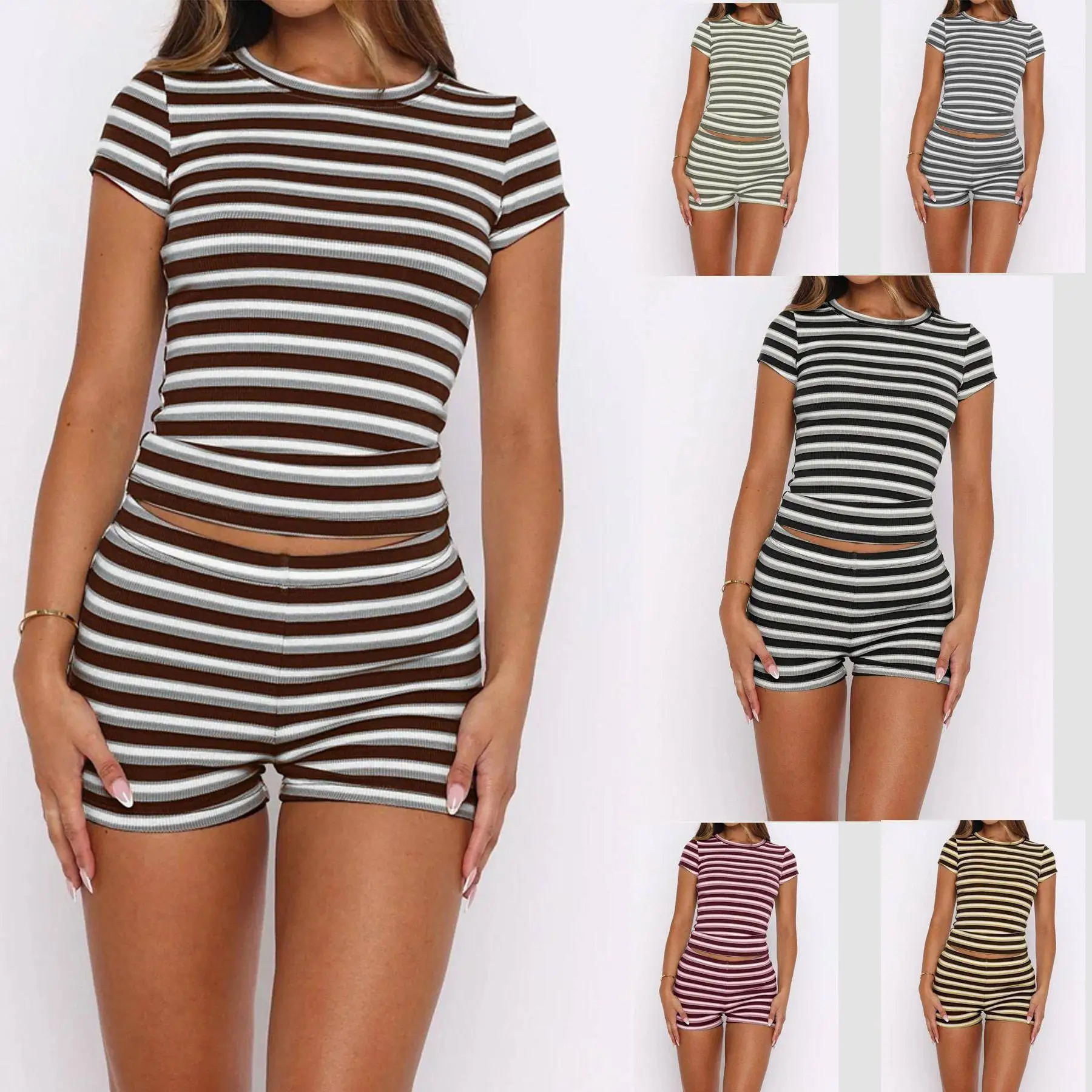 Summer Olive Striped Chic Slim Fit TwoPiece Top Women's Fashion Set Casual Style Three Pieces Tshirt Three Quarter Sleeves