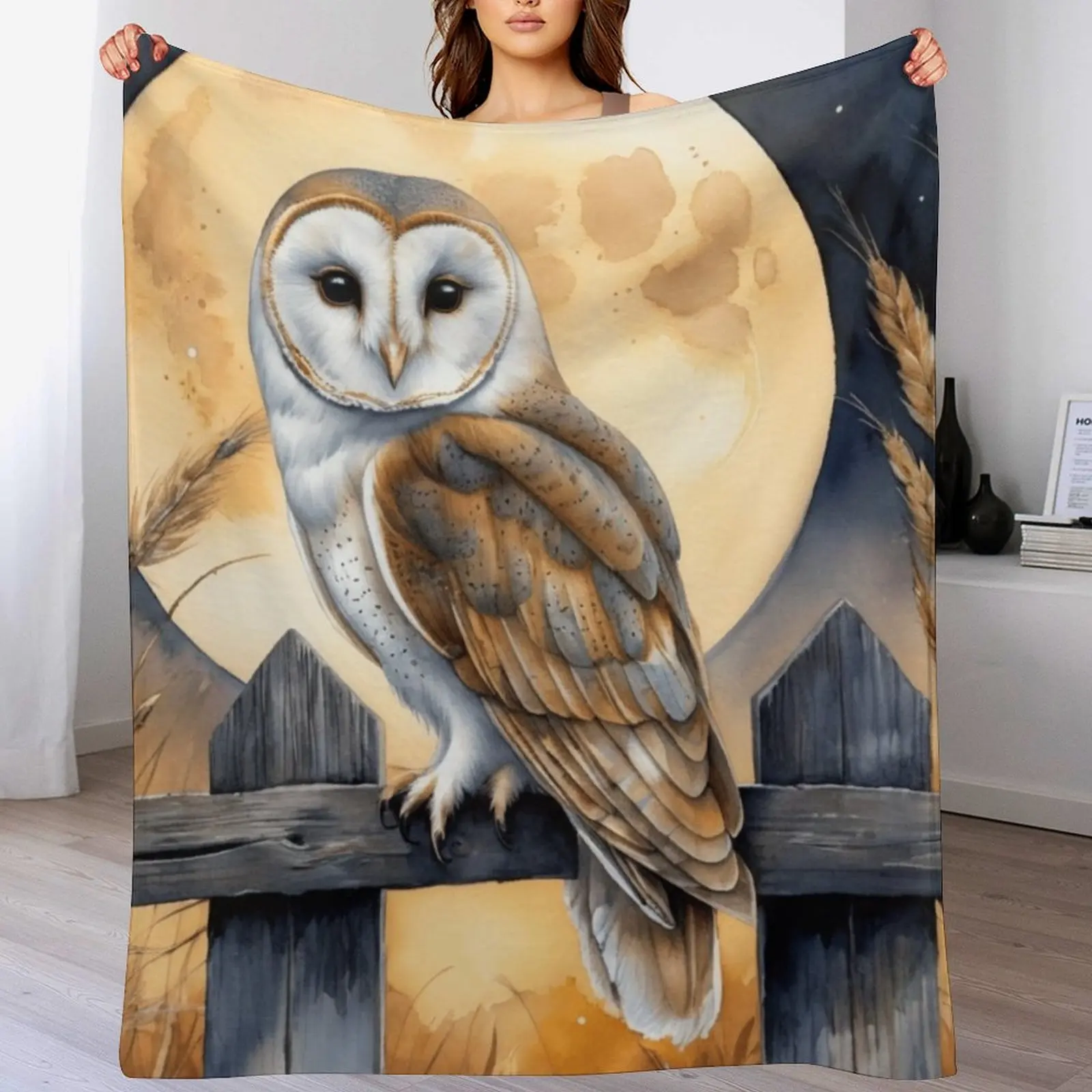 

Barn Owl Under Harvest Moon Throw Blanket Soft Warm Blanket Gift for Men Women Adults