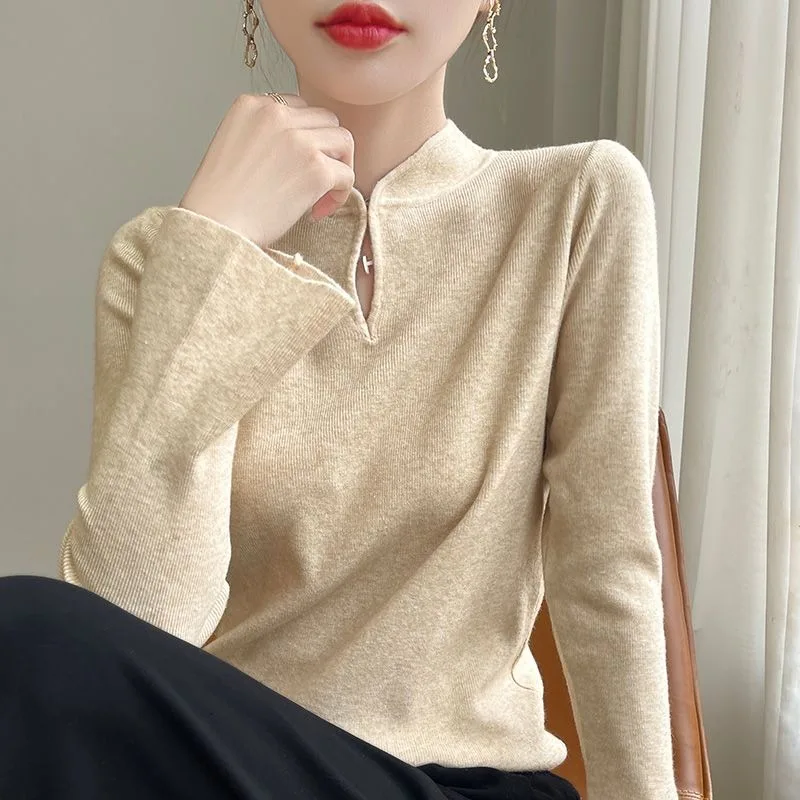 Chinesischen Stil Stehkragen Wolle Gestrickte Bodenbildung frauen Herbst und Winter Innere Tragen Design Pullover Schlanke Glocke Ärmeln