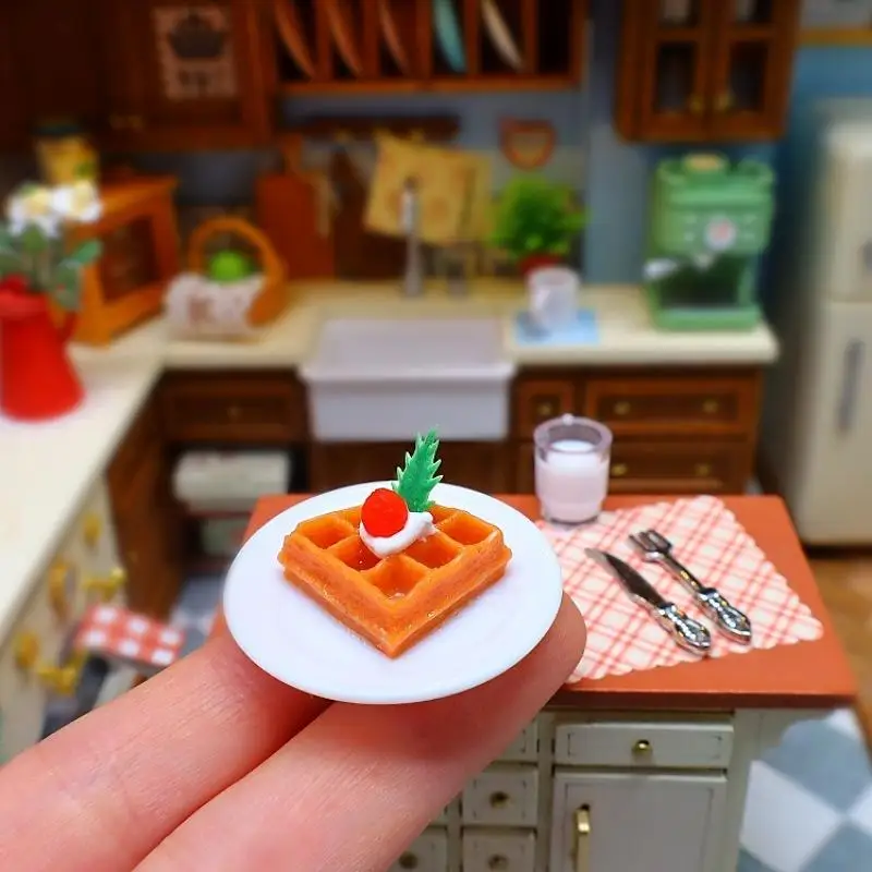 Adorable Mini Kitchen Waffle Milk Set (4 Pcs) - Handmade Doll House Accessories, Pretend Play Scene Props & Food Toys.