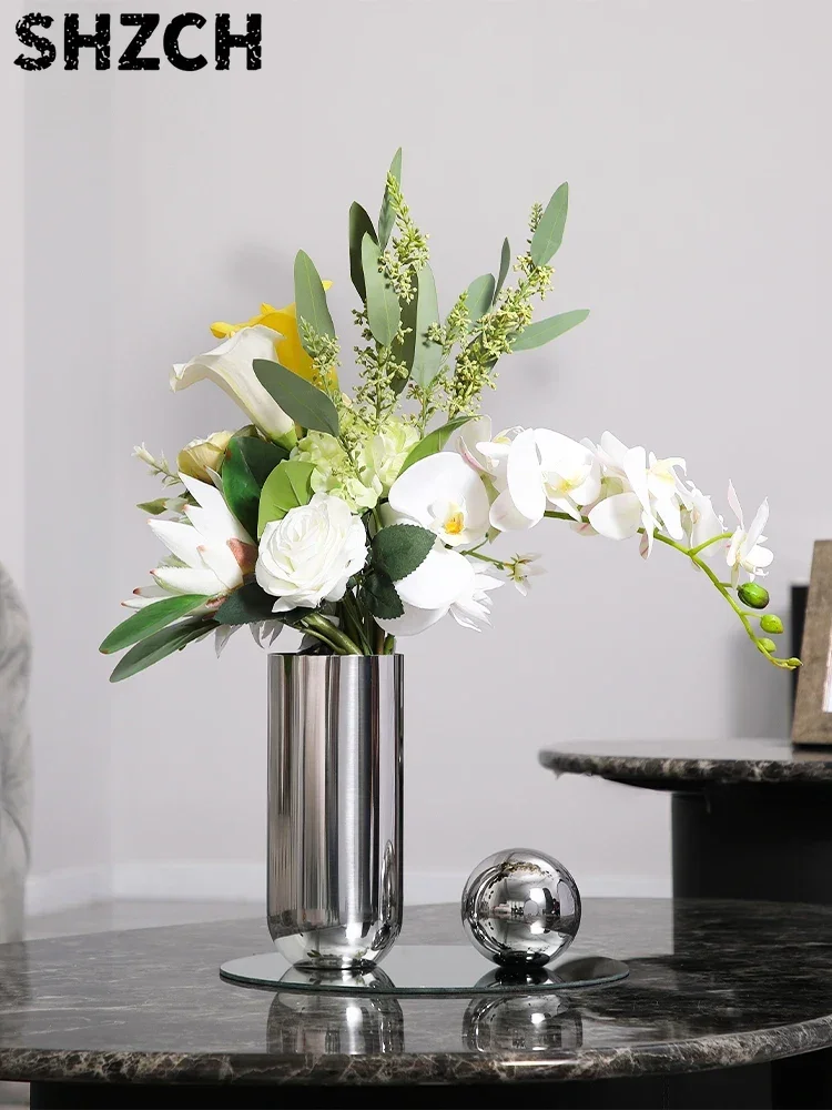 Jarrón Moderno Nórdico Plateado de Acero Inoxidable, Soporte de Lujo para Flores Secas, Decoración para Sala de Estar, Regalo