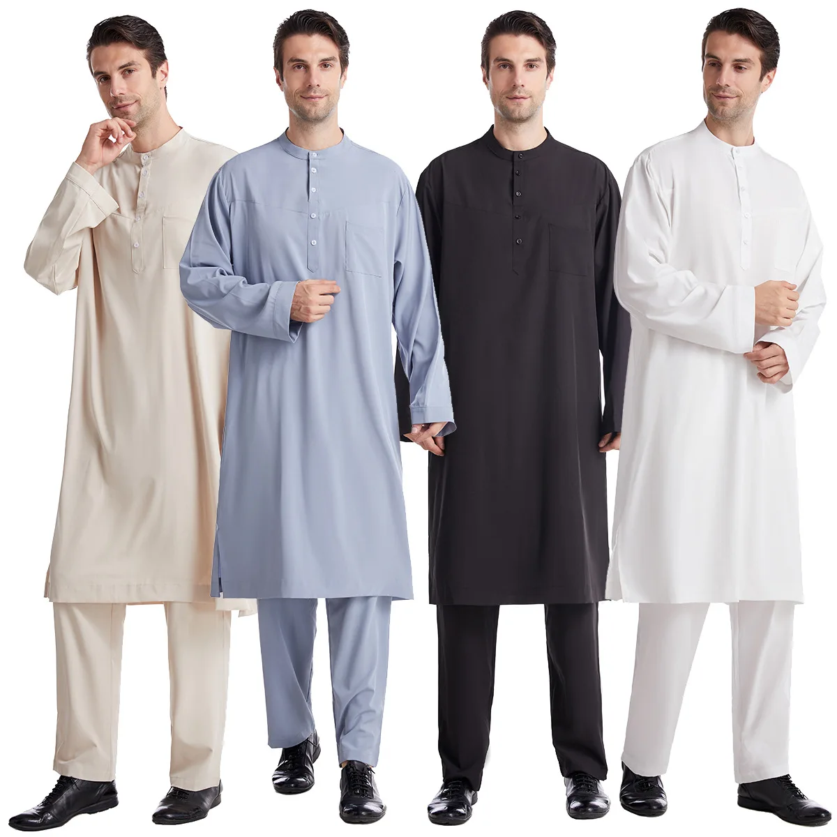 

Men's white two-piece robe set with button-down round neck long-sleeved shirt and pants Qamees undergarment for abaya