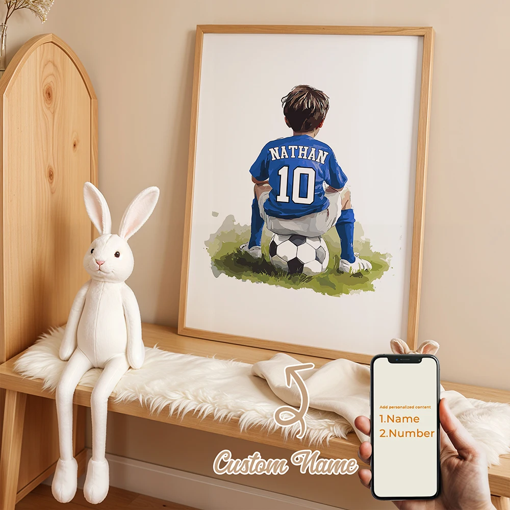 Personalisierter benutzerdefinierter Cartoon-Kinderfußball-Wandkunstdruck, Bild auf Leinwand, Poster, Gemälde für Wohnzimmer, Heimdekoration