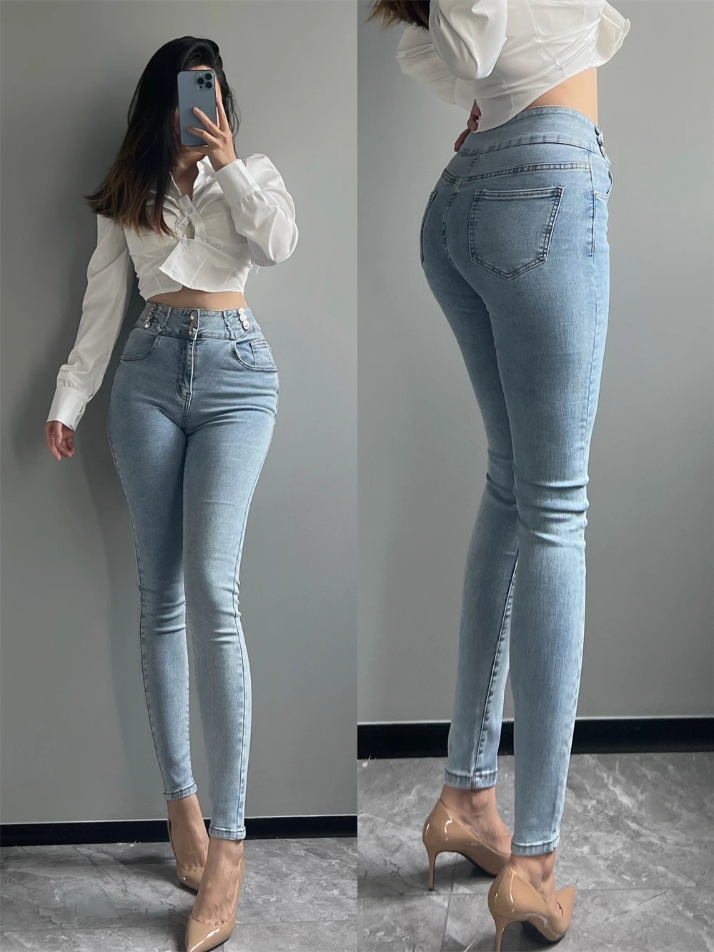 High Waisted Light Blue Three Button Lift Buttocks Denim Pants Women Summer New Slim Elastic Washed Worn Pencil Pants DSQF