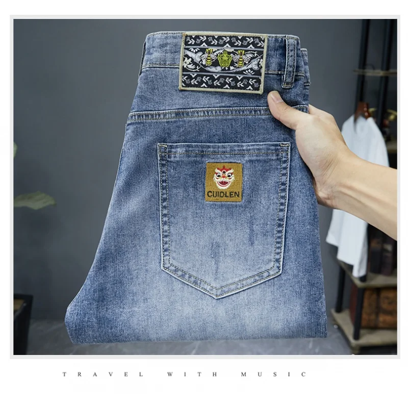 Jeans bordados em estilo chinês para homens, moda de alta qualidade, combina com tudo, justa, calça reta pequena, verão 2024