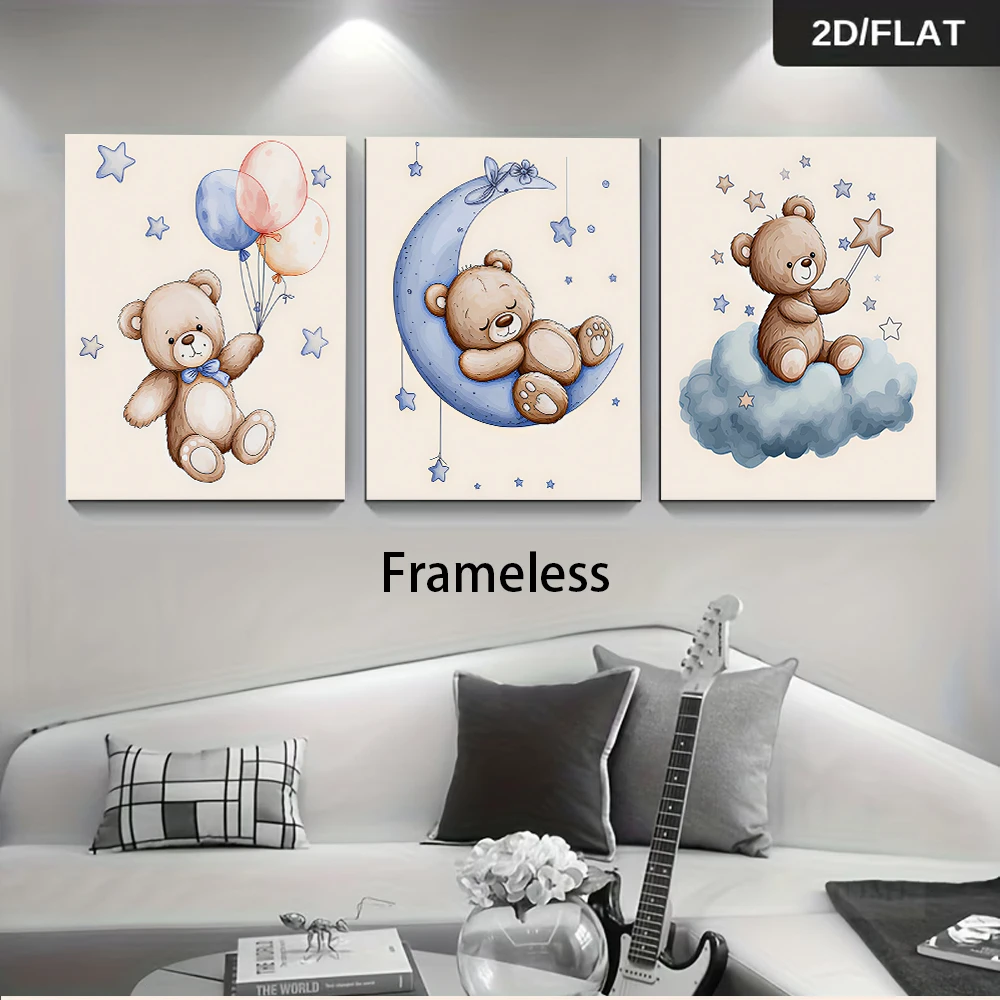 1 set of warm teddy bear frameless triptych decorative painting watercolor style cute moon, star, balloon pattern 2D flat