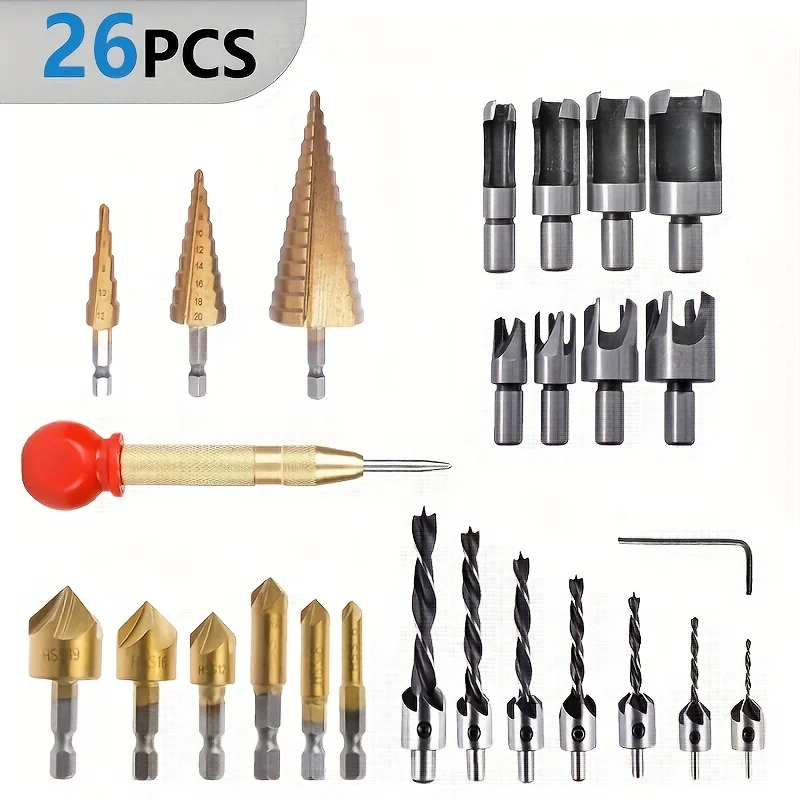 High Speed Steel Drill Bit Set with Step Drill, Center Punch, Wood Drill, Countersink & Plug Cutter, Multi-Purpose for Metal
