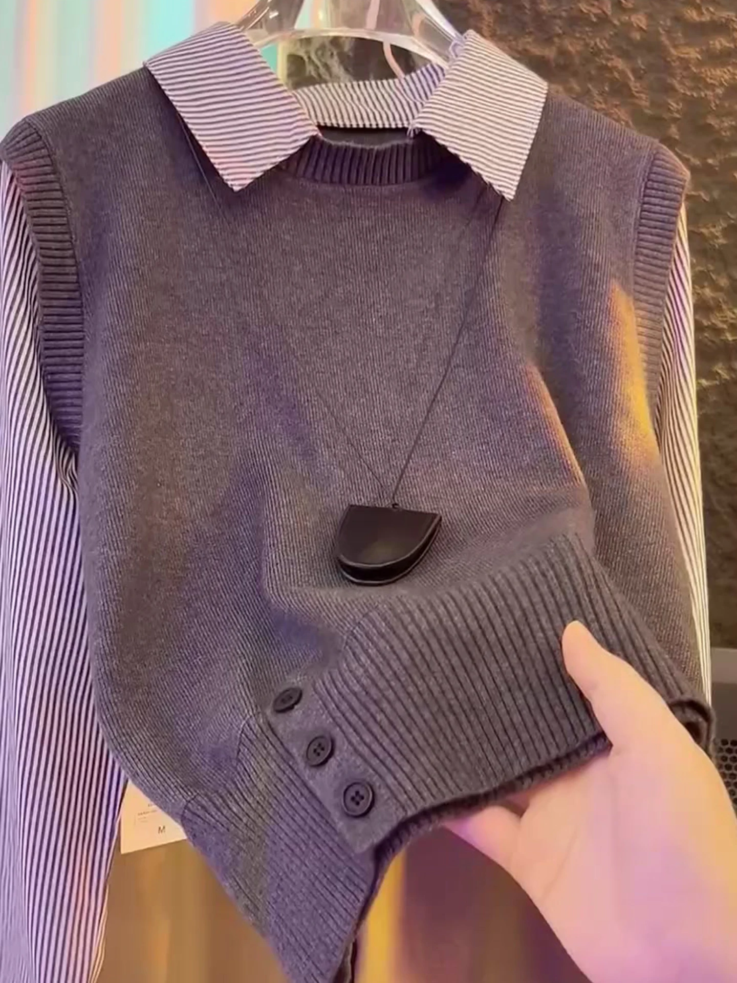 

Удобная полосатая вязаная толстовка с капюшоном Irt Fake из двух частей Long Sve, женский топ, модный простой дизайн, для поездок на работу