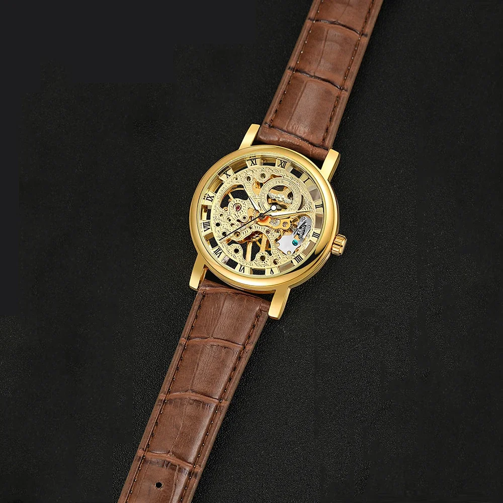 T-WINNER Klassische Skelett-Herrenuhr mit Gravur, hohl, mechanisch, Lederarmband, römische Ziffer, leuchtende Zeiger, lässige Herrenuhr