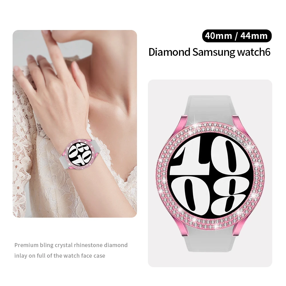 Double Diamond Watch Case for Samsung Galaxy 6 40mm Women Bling PC Hard Hollow Frame Protective Bumper Galaxy Watch 6 44mm Cover