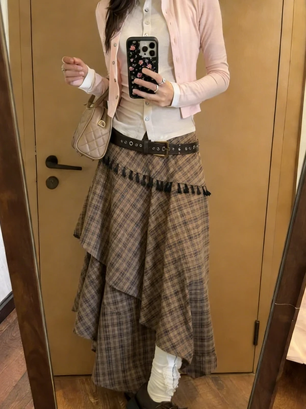 

Асимметричная юбка-миди в клетку с завышенной талией в винтажном стиле для женщин, осенняя мода