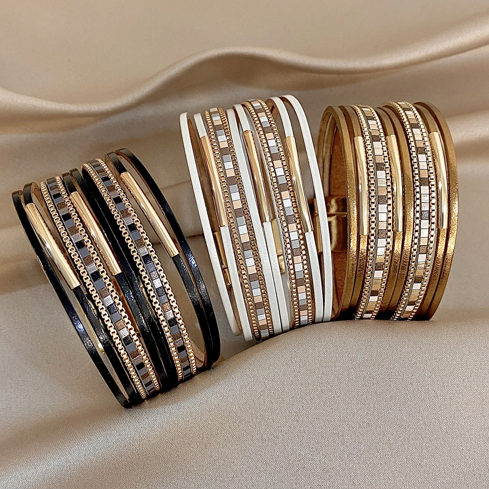 Amorcome 4 Style Elegant Multi-layer Leather Bracelet for Women Men Luxury Retro Magnetic Buckle Wrap Wide Bracelet Jewelry Gift