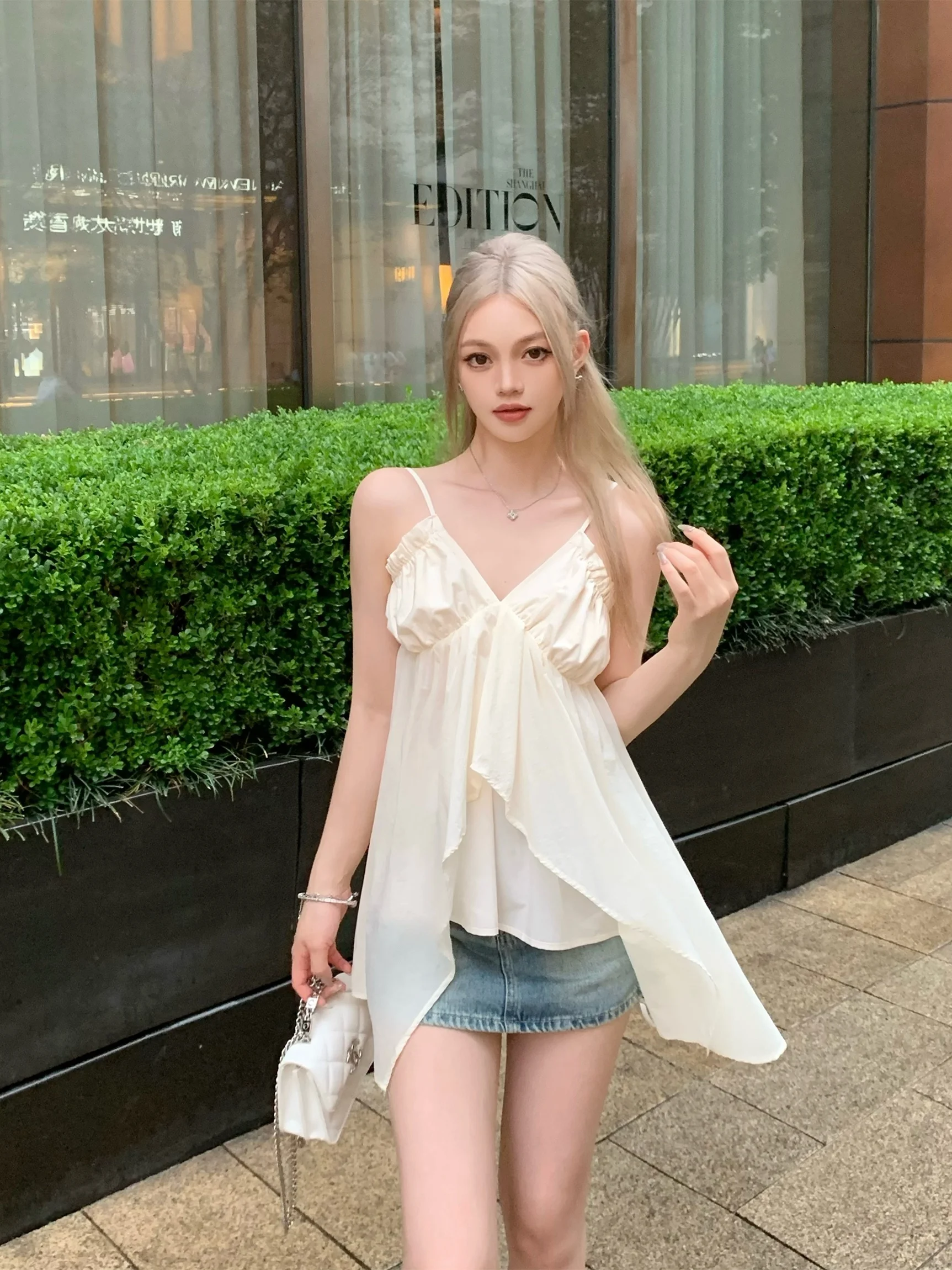 

EU IIWAN Summer New Women's Loose Slimming V-ne Svel Top Wooden Bells Outerwear Tank Top Cotton Blend