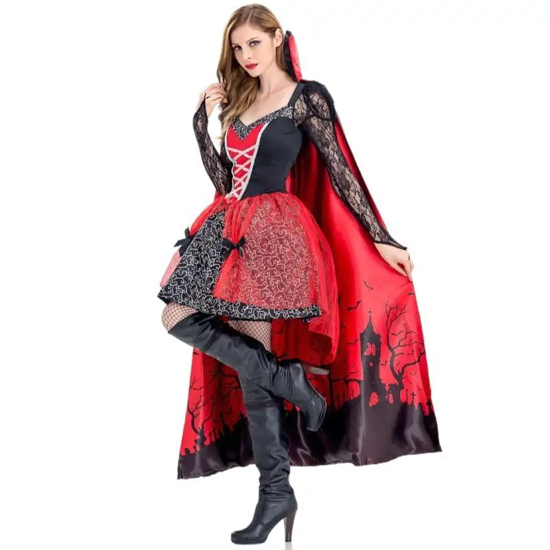 Fantasia de Cosplay para Mulher, Vestido de Bruxa, Manga Comprida, Medieval, Vintage, Renda, Cor, Halloween, Festa, Ternos de Performance