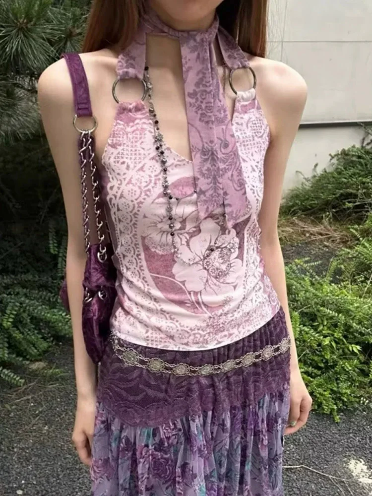 

Женские винтажные топы с принтом, сексуальные, с открытой спиной, в стиле Y2K, Harajuku, облегающие, в стиле гранж, для вечеринок и клубов, модные повседневные майки