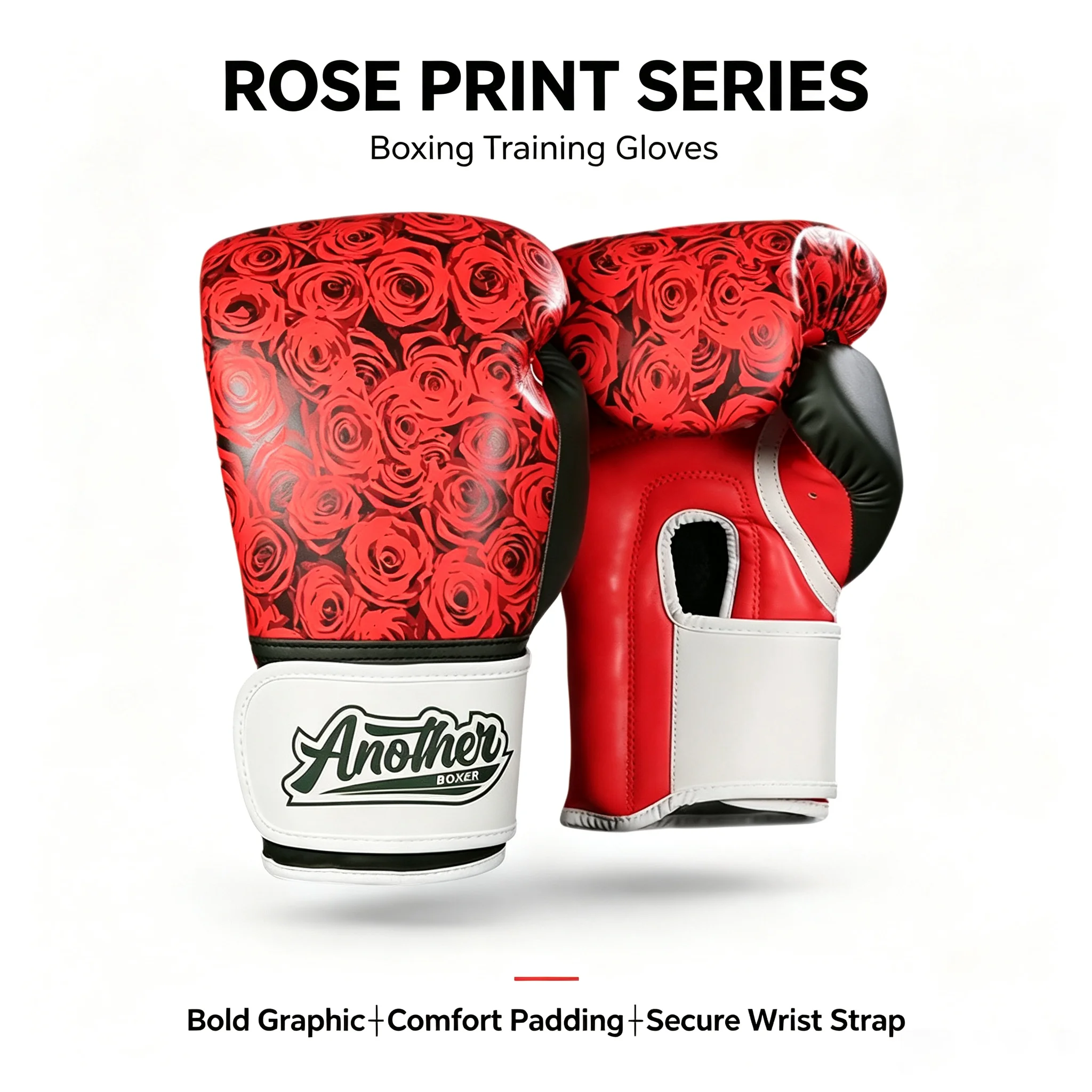 Boxhandschuhe für Herren, Damen und Kinder, roter Blumen-Rosen-Druck, stoßdämpfende PU-Trainingshandschuhe, Kampfsportausrüstung für Kickboxen und Muay Thai