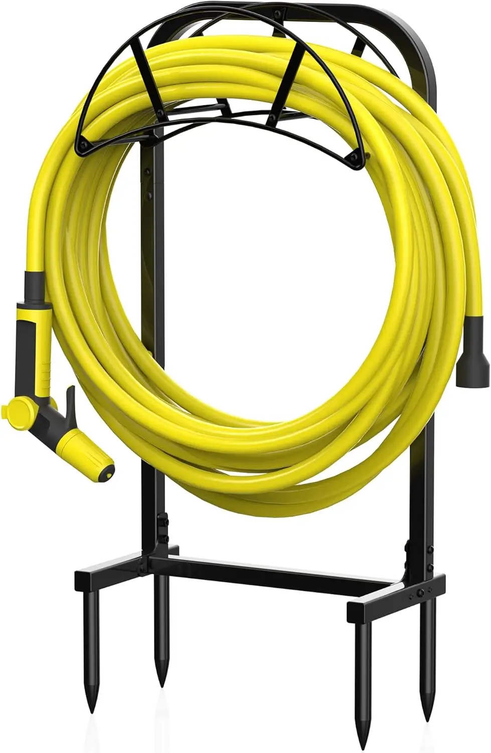 Soporte para manguera de jardín de 4 puntas mejorado, soporte resistente para manguera de 150 pies, organizador de almacenamiento exterior independiente en negro