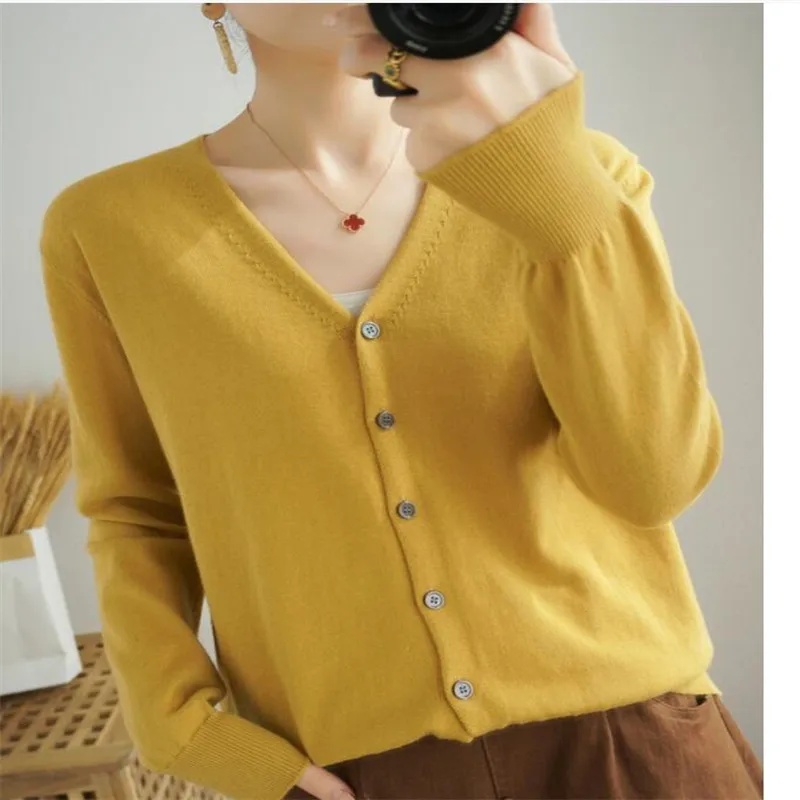 

New Style 100 Pure Cotton Knitted Cardigan Sweater Women's Short V-Neck Loose Large Size All-Match Solid Color Long-Sleeved Coat