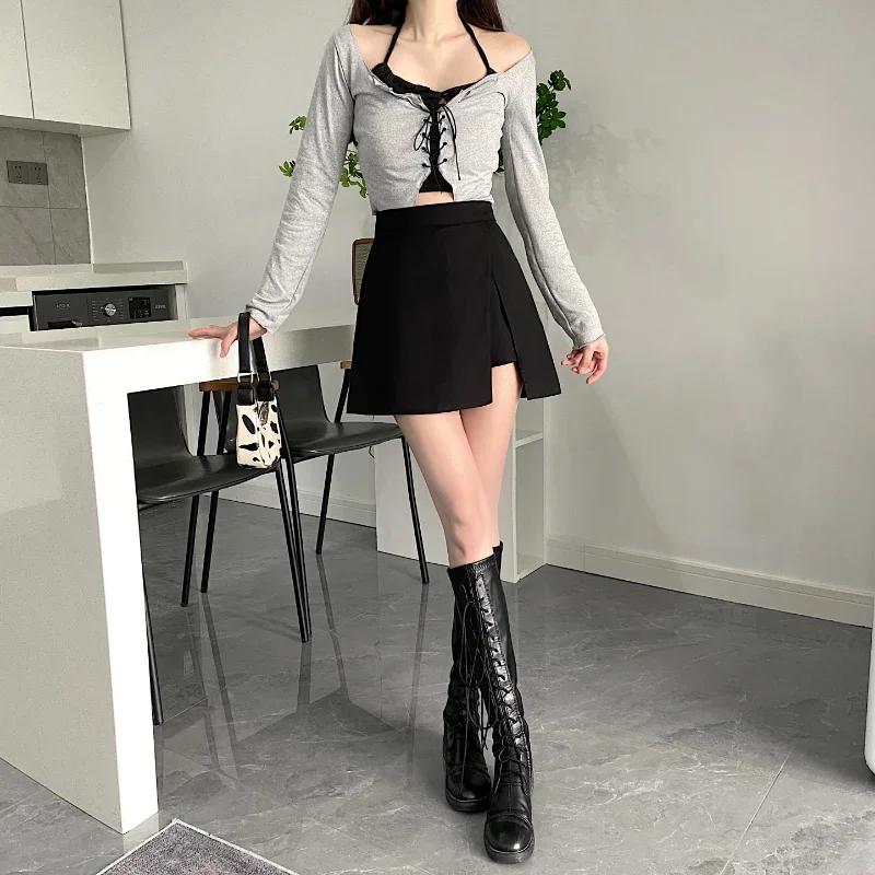 2026 Black Mini Skirt Women New Fashion Streetwear Slim Fake Two Pieces High Waist A-line Slit Skirts Woman