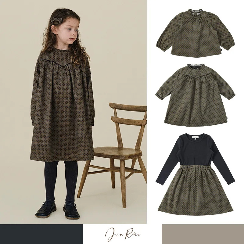 

Girls' Dress 2025 Fall New Arrival Printed Cute Sweet Girls' Shirt Pure Cotton Patchwork Vintage Children's Long-Sleeve Dress