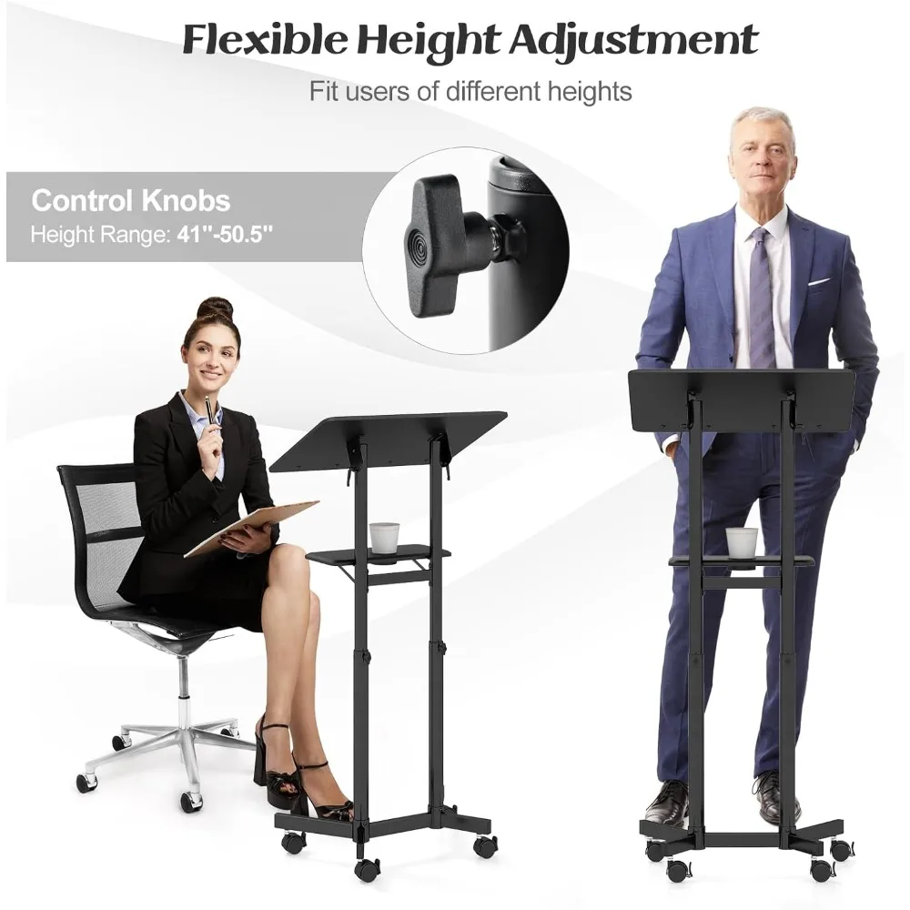 แท่นยืนพูดเคลื่อนที่ปรับความสูงได้ พร้อมที่วางแล็ปท็อปแบบมีล้อเลื่อน ที่วางของด้านบนแบบปรับเอียงได้ ที่วางแก้ว และล้อที่ล็อคได้