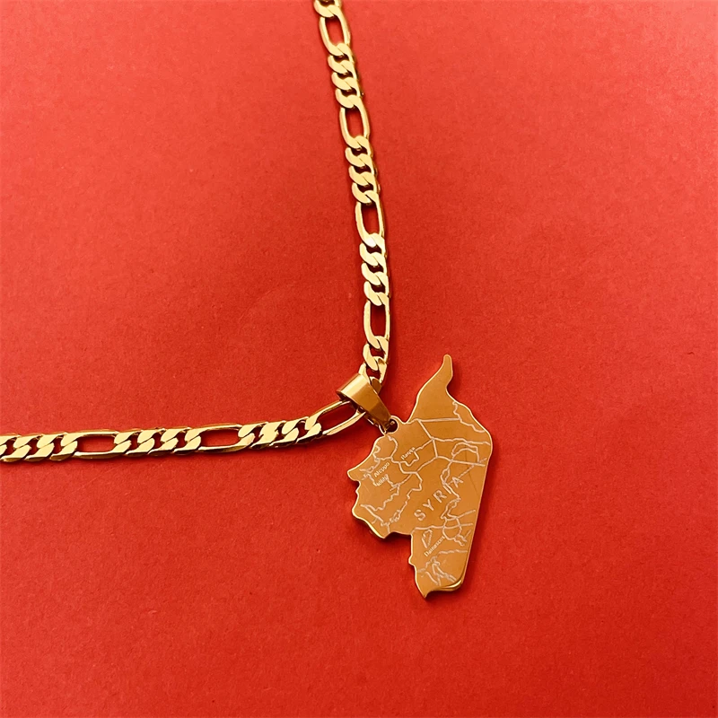 Golden Syrian map engraved city pendant necklace, stainless steel Figaro chain, ethnic commemorative men's and women's collarbon