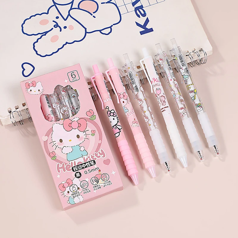 6Pcs Cartoon Sanrio Gel Pen Kawaii Hello Kitty Writing Smooth 0.5mm Black Exam Pen Creative Pressing Neutral Pen School Supplies