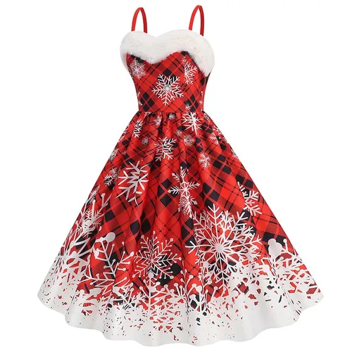 Imagen 2 del producto Vestido Sexy de Navidad con tirantes finos para mujer, cuello de piel sintética, fiesta navideña, estampado de copos de nieve, disfraces de Cosplay, vestido Vintage