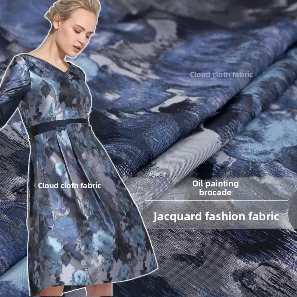 

Oil Painting Jacquard Fabric Windbreaker Dress Spring Autumn Clothing European Brand Fashion Design Sew Wholesale Cloth Material