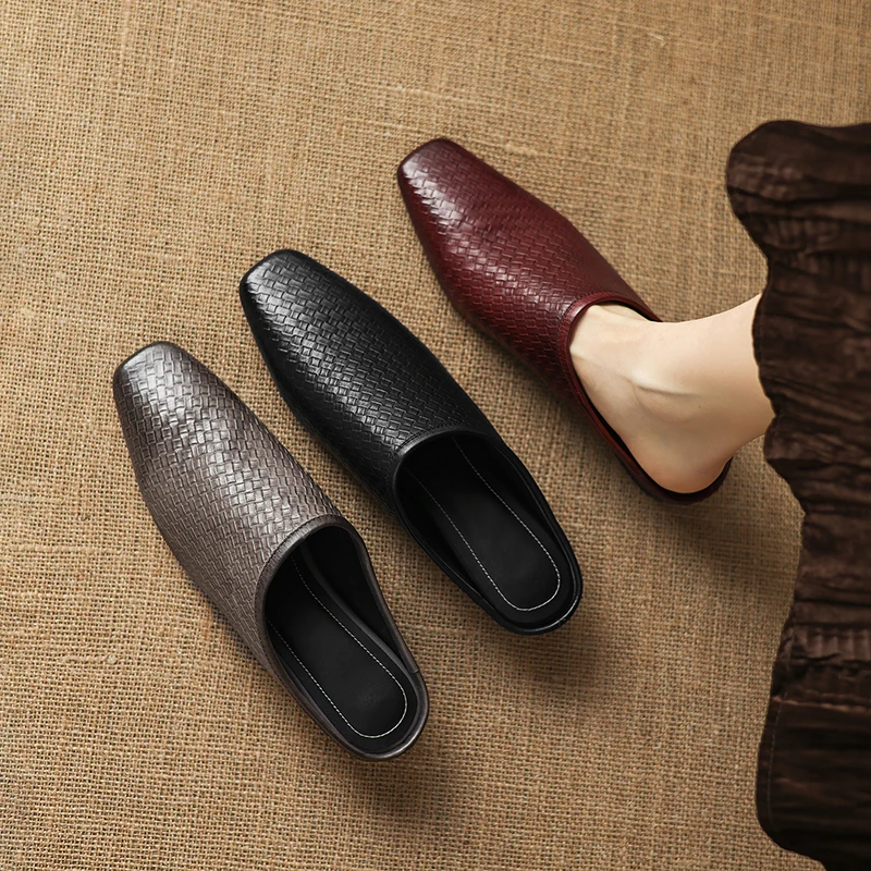 2026 new summer women sandals natural leather 22-25cm Plaid cowhide+sheepskin square toe mules high heel women slippers fashion