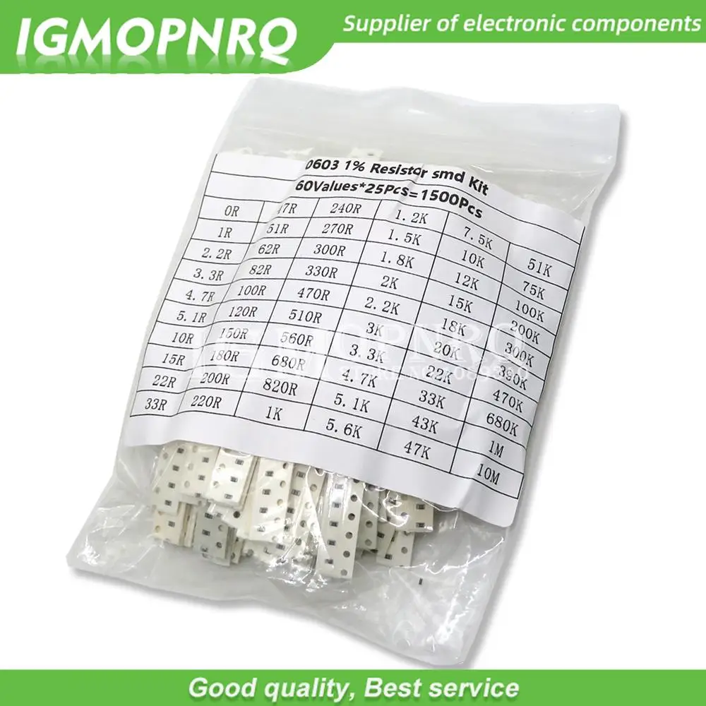 1500 Pcs SMD 0603 Resistors Assorted Set (60 Values x 25Pcs) 0ohm - 10M Ohm 1/10 Watt 1% High Precision Film Chip Resistance Kit