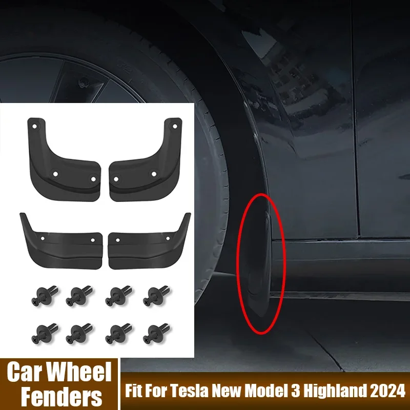 High Quality 4Pcs/Set Car Tire Fenders ABS Front Rear Wheels Mudguards Car Accessories Fit For Tesla New Model 3 Highland 2024