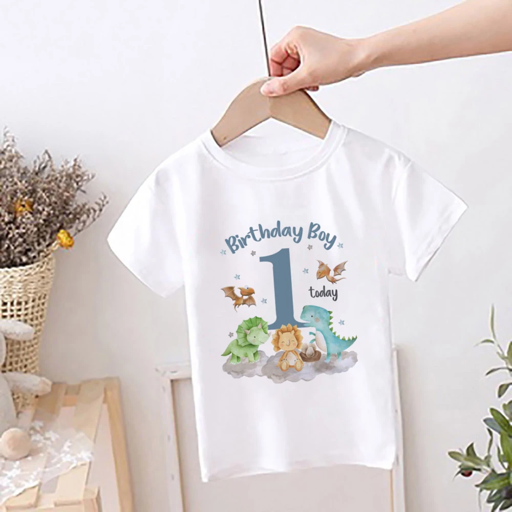 Dinossauro Impresso T-shirt de Aniversário para Crianças, Tops para Meninos, Dino Theme Party Outfits, Camisa de Manga Curta, 1 a 12 Número, Roupas Infantis