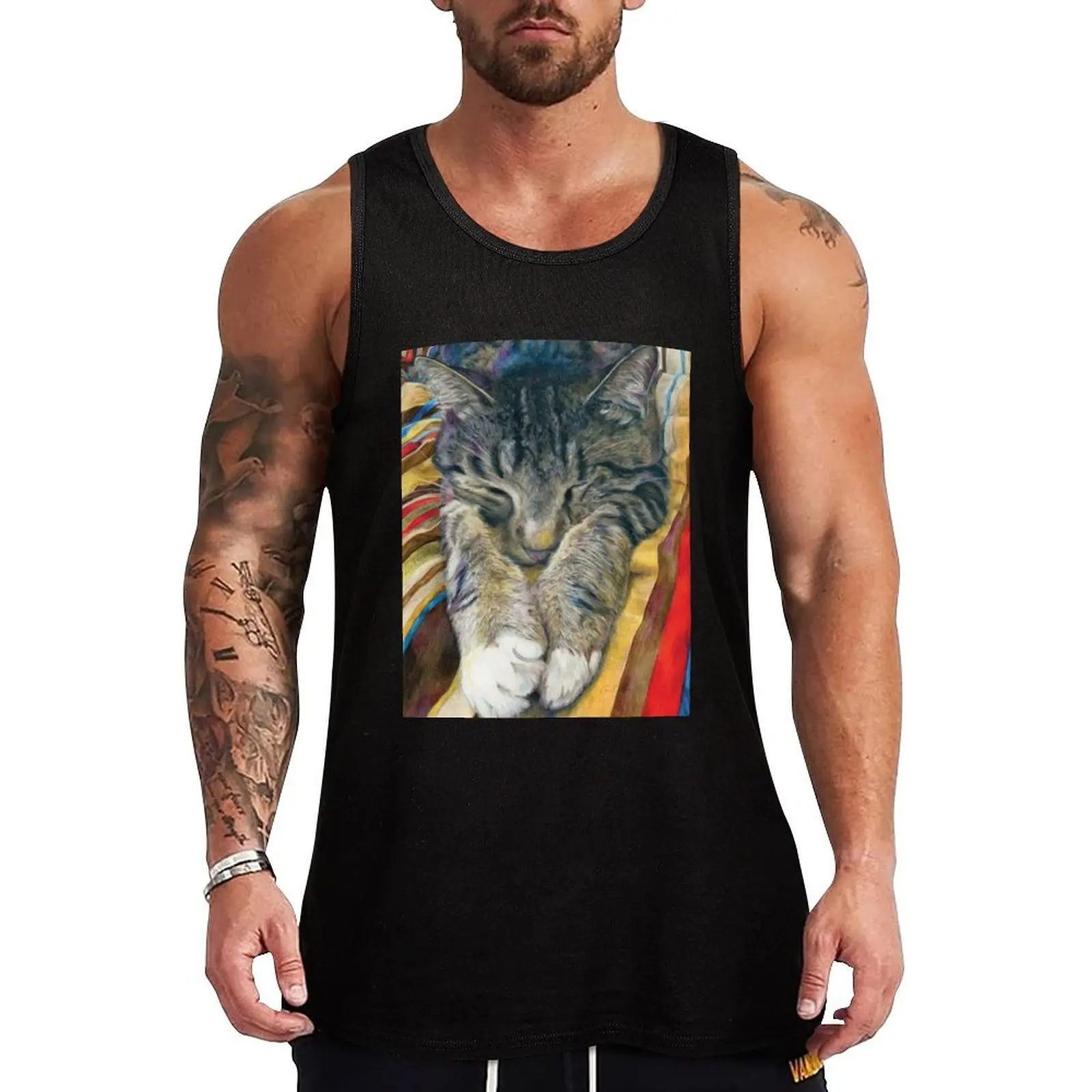 

Sleeping Tabby Cat on Colorful Stripes Tank Top Work Outdoor Tank Top Heavy Duty Sleeveless Shirt