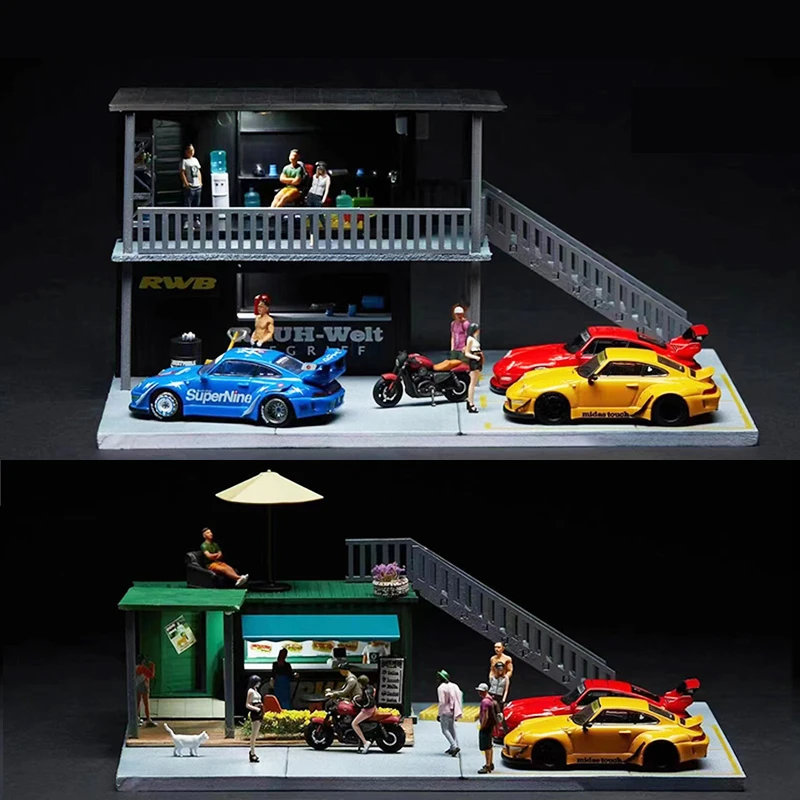 Assemble LED Diorama 1:64 Model Car Parking Lot Station Garage Display Collection - Subway & RWB Double Deck Version