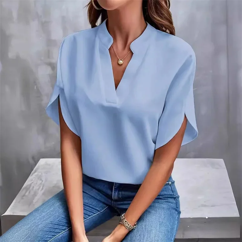 Women Solid Color V Neck Pullover Shirt 2024 Summer Casual Loose Flared Short Sleeve Blouse Elegant Female Office Commuter Tops