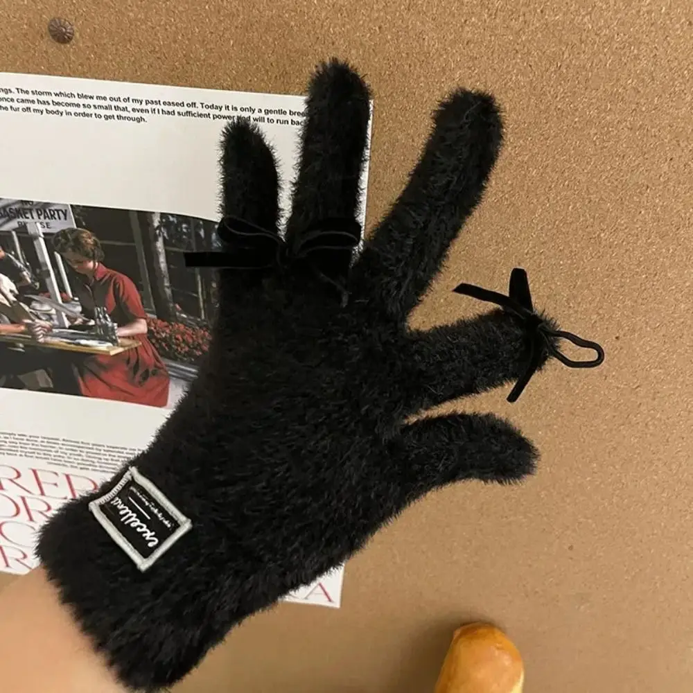 Kawaii الفراء الشتاء سميكة قفازات شاشة لمس Fullfinger Y2K النساء لوليتا ربطة القوس فيونكة قفازات القفازات JK اكسسوارات هدية السنة الجديدة