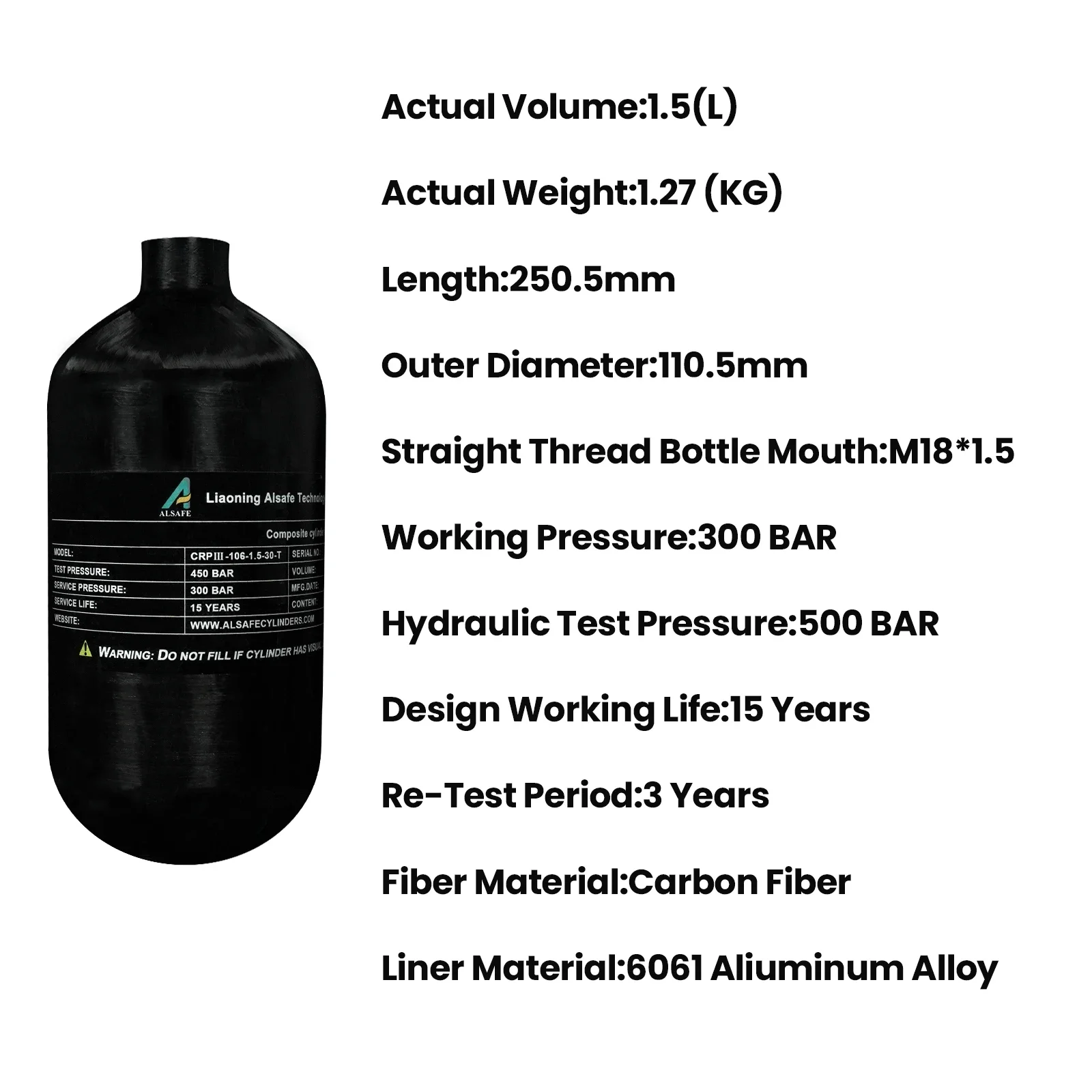 Imagem -04 - Tuxing-fibra de Carbono Cilindro Tanque de Mergulho Hpa Garrafa de ar Alta Pressão Mini Mergulho Thread M18 1.5 300bar 4500psi 1.5l