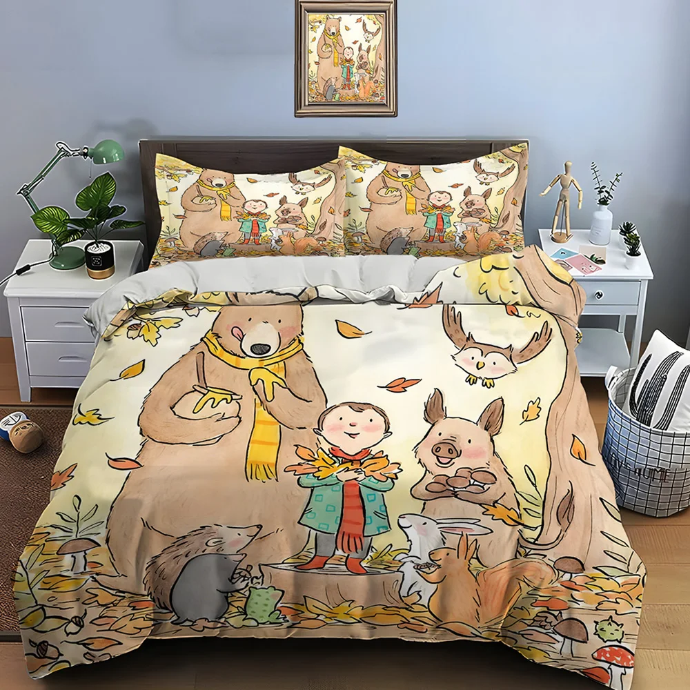 

Autumn painting of a boy and small animalst Bedding Set for Kids Luxury Gift 3pcs Digital Print Comforter Set Soft Comfortable