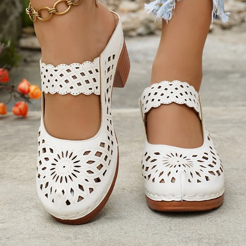 Summer Women Chunky Heel Slippers 2026 New Fashion Hollow Out Closed Toe Slip on Sandals Female Comfort High Heel Casual Shoes