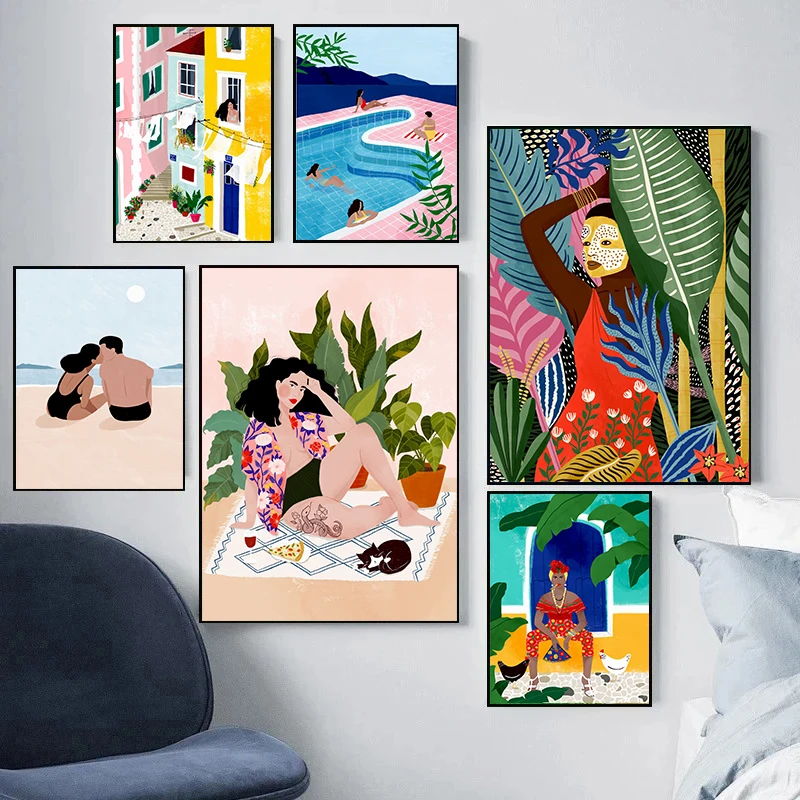 

Beach Abstract Canvas Painting Women Body Print Summer Seacape Poster The Picture on The Wall Picture for Living Room Home Decor