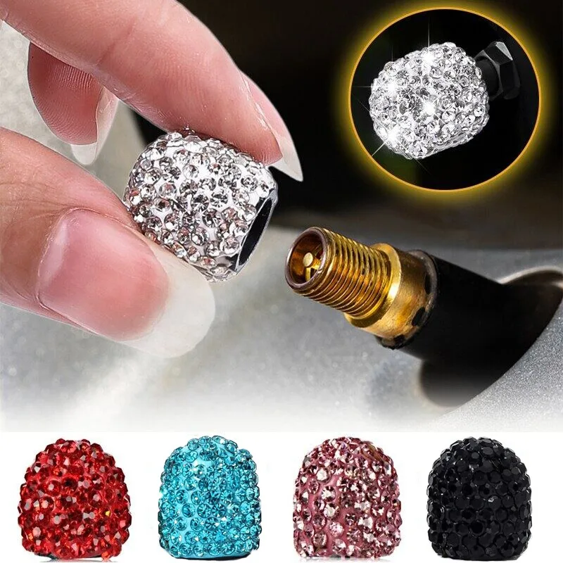 4Pcs Rhinestone Car Tire Valve Caps Diamond Inlay Bling Bling Car Wheel Valve Cover Decoration Dustproof Cap Auto Accessories