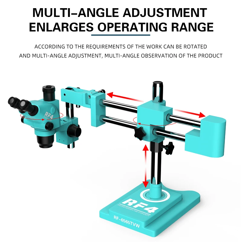 RF4 6,5-65X 360 °   Staffa a doppio braccio Zoom sincrono Ingrandimento Osservazione Microscopio stereo binoculare trioculare RF6565TW