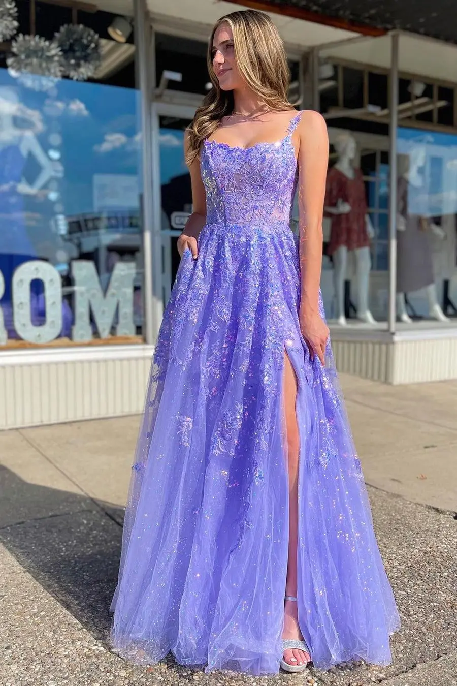 Shiny Lavender Purple Tulle Long Prom Dresses High Slit Spaghetti Straps Appliques Elegant Women Formal Evening Gown With Pocket