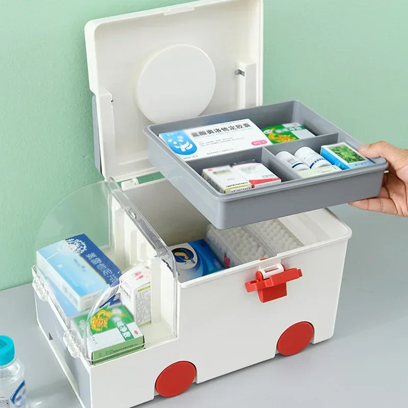 Caja médica para el hogar con forma de ambulancia de dibujos animados, caja médica portátil para niños, caja de almacenamiento de pastillas, caja de