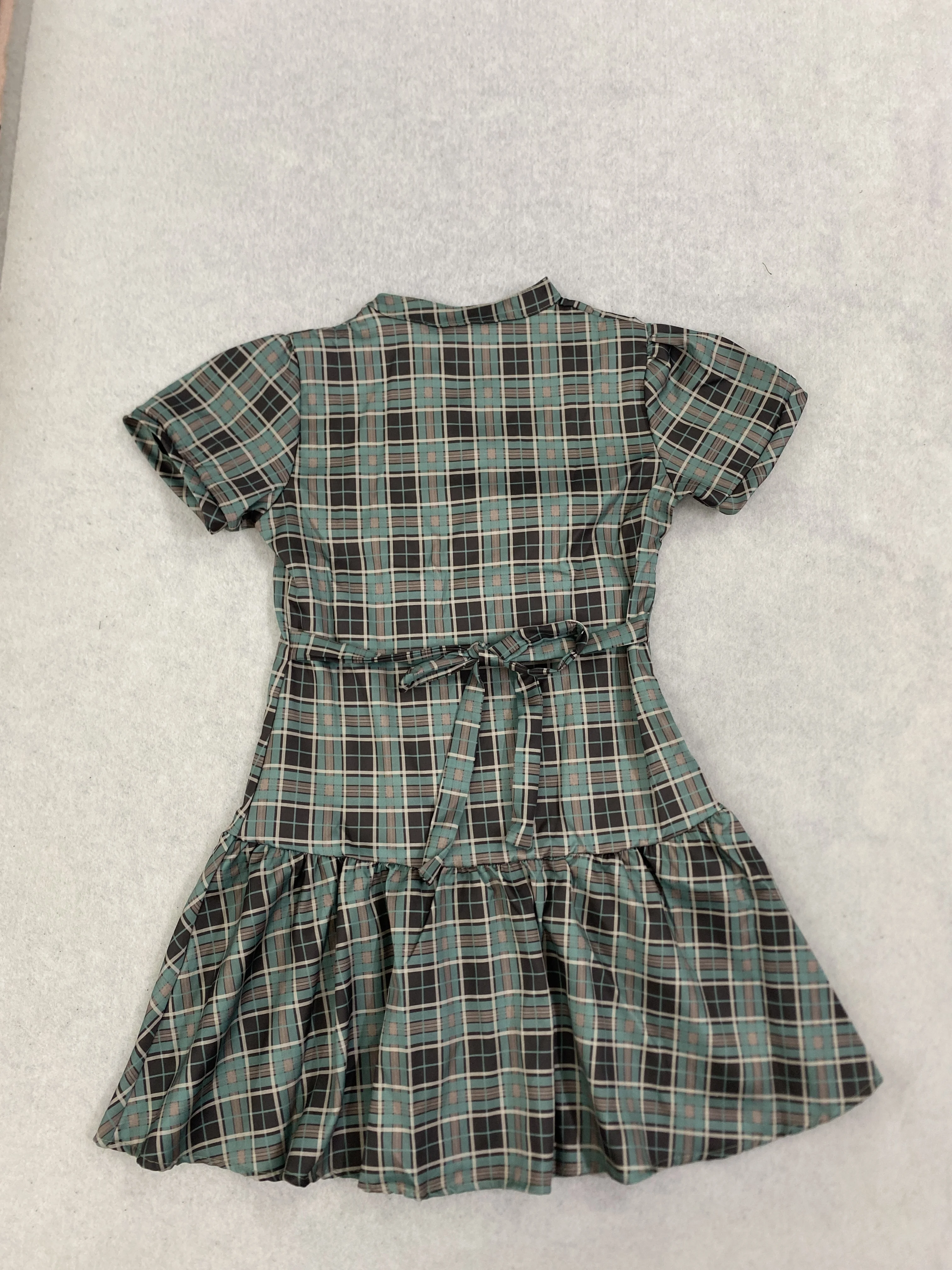 Damen Vintage Kariertes A-Linien-Minikleid Kurzarm Stehkragen Knopfleiste Plissiert Lässig Elegant Modisch – Detail 13