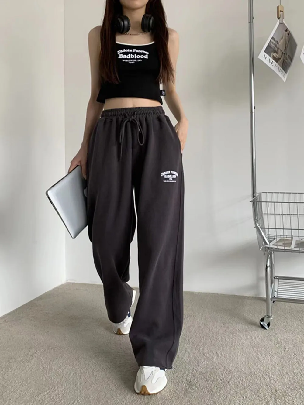 Hoge taille losse pasvorm sportbroek Amerikaanse High Street Faion dames casual broek herfst winter lange broek