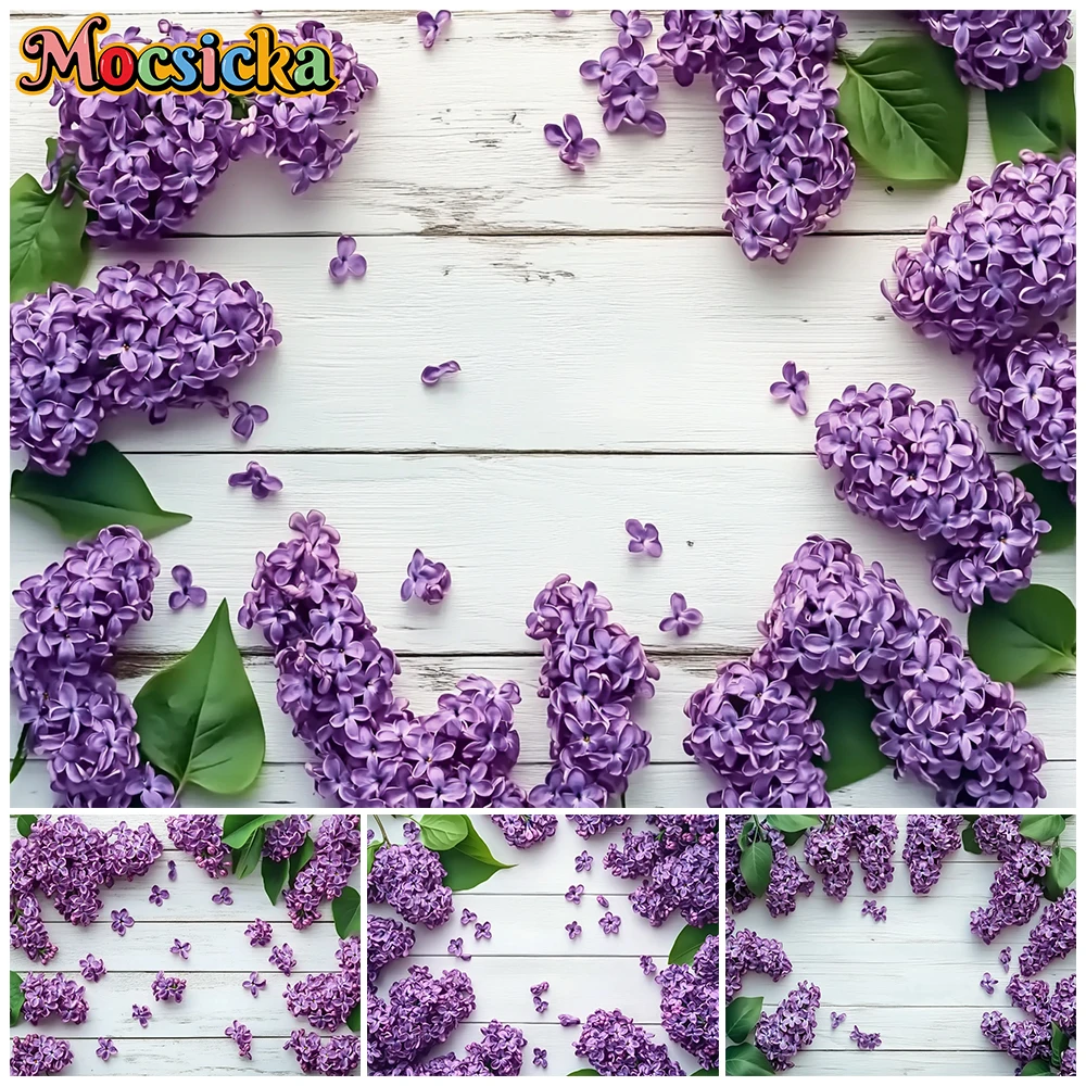 Mocsicka Romantic Floral Wood Board Photography Background Wedding Purple Lilac Flower Garland Newborn Birthday Backdrops Shoots