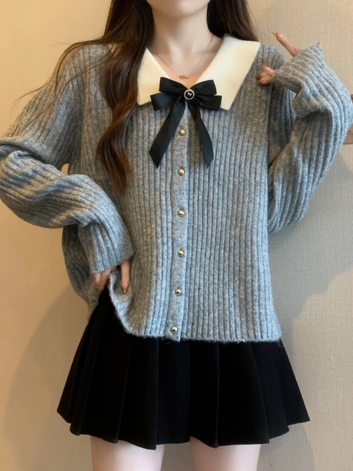 

Вязаный свитер с воротником, весенний, женский, модный, с узлом, больших размеров, утягивающий топ, в корейском стиле, длинный рукав