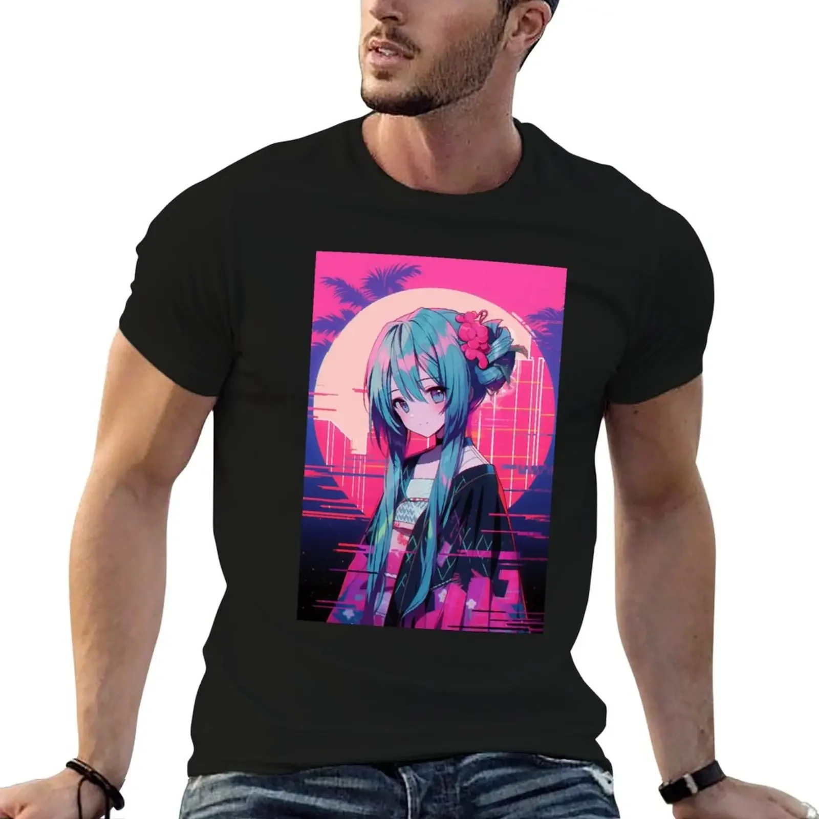 Synthwave Glitch Style Anime Girl T-Shirt tees Short sleeve tee man t shirt mens clothes